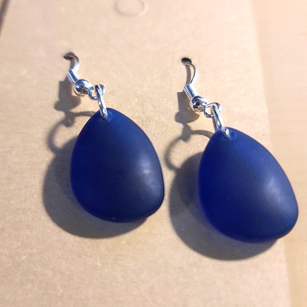 Dark Colbalt Blue Glass Simple Teardrop Dangle Earrings NWT